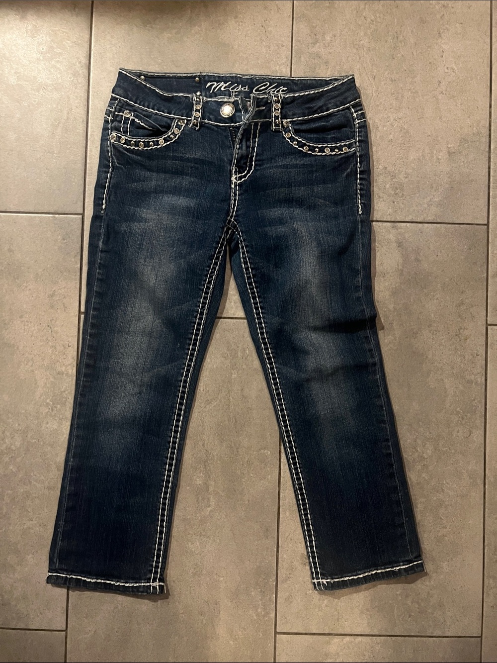 Miss Chic USA Dark Blue Straight Leg Jeans with White Contrast Stitching